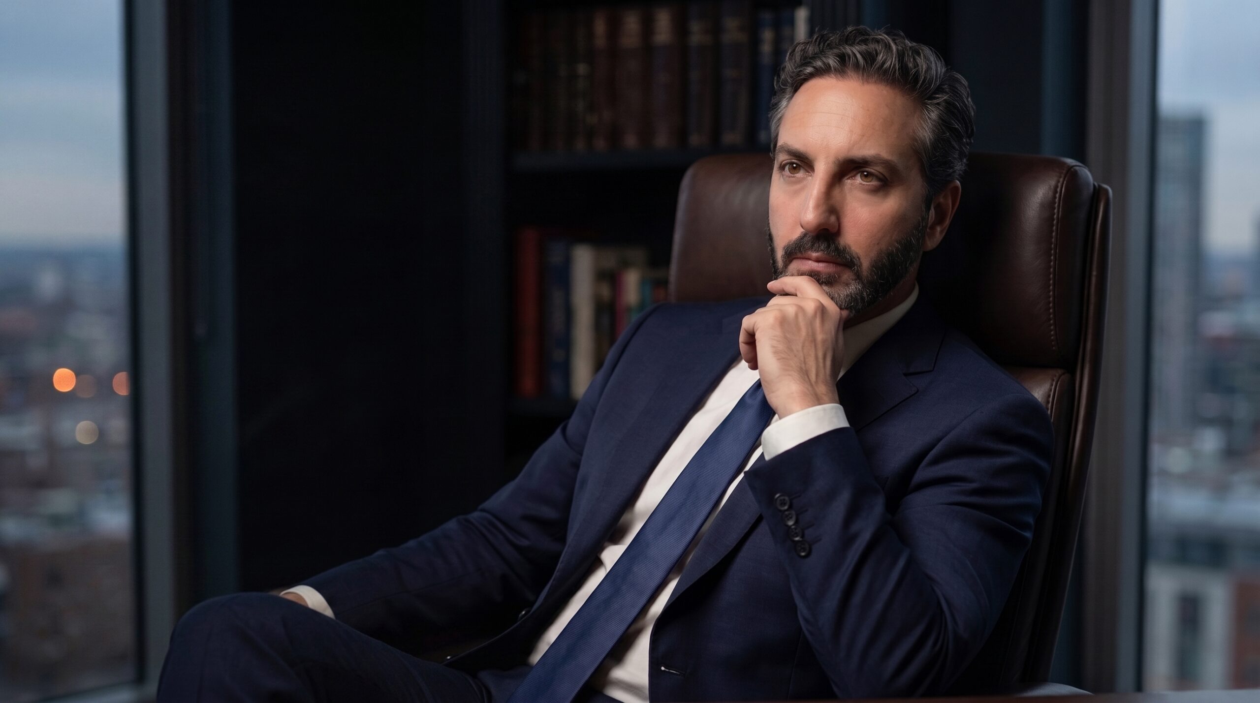 Ali Shafi resting hand on chin in deep contemplation while seated in a leather executive chair