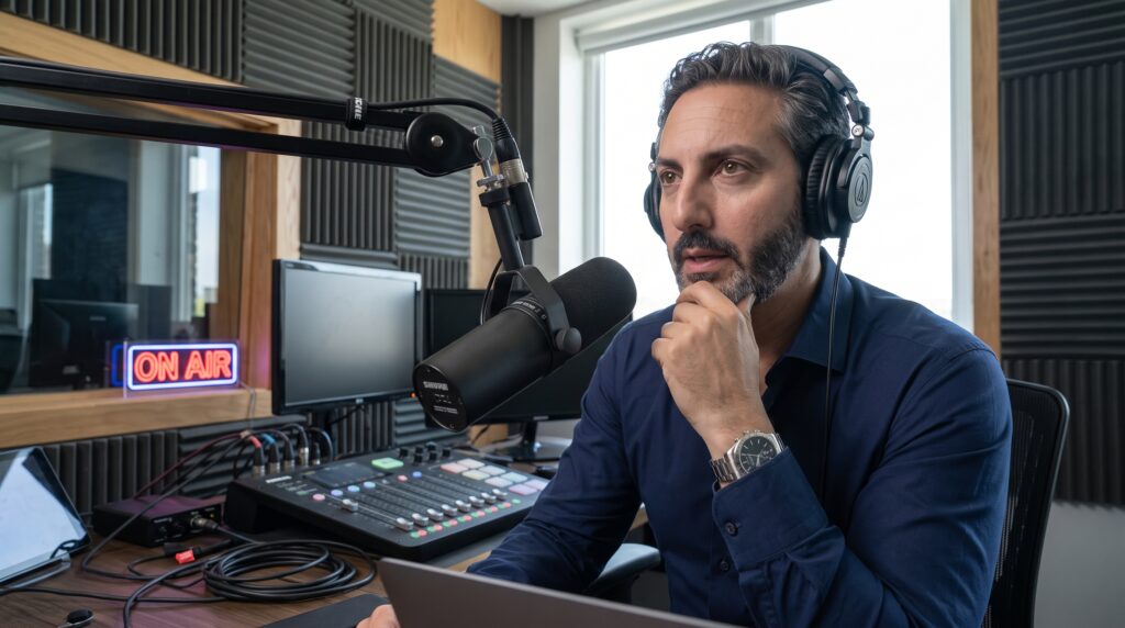 Ali Shafi wearing studio headphones during a broadcast recording in a podcast studio