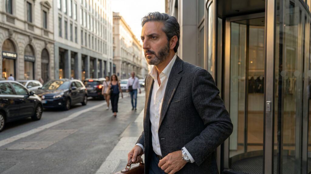 Ali Shafi carrying a leather briefcase while exiting a modern corporate building on a European city street