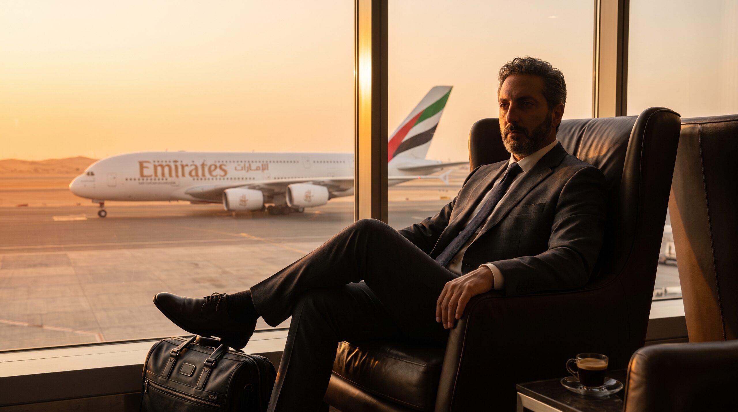 Ali Shafi seated in an airport lounge looking out the window at an Emirates aircraft