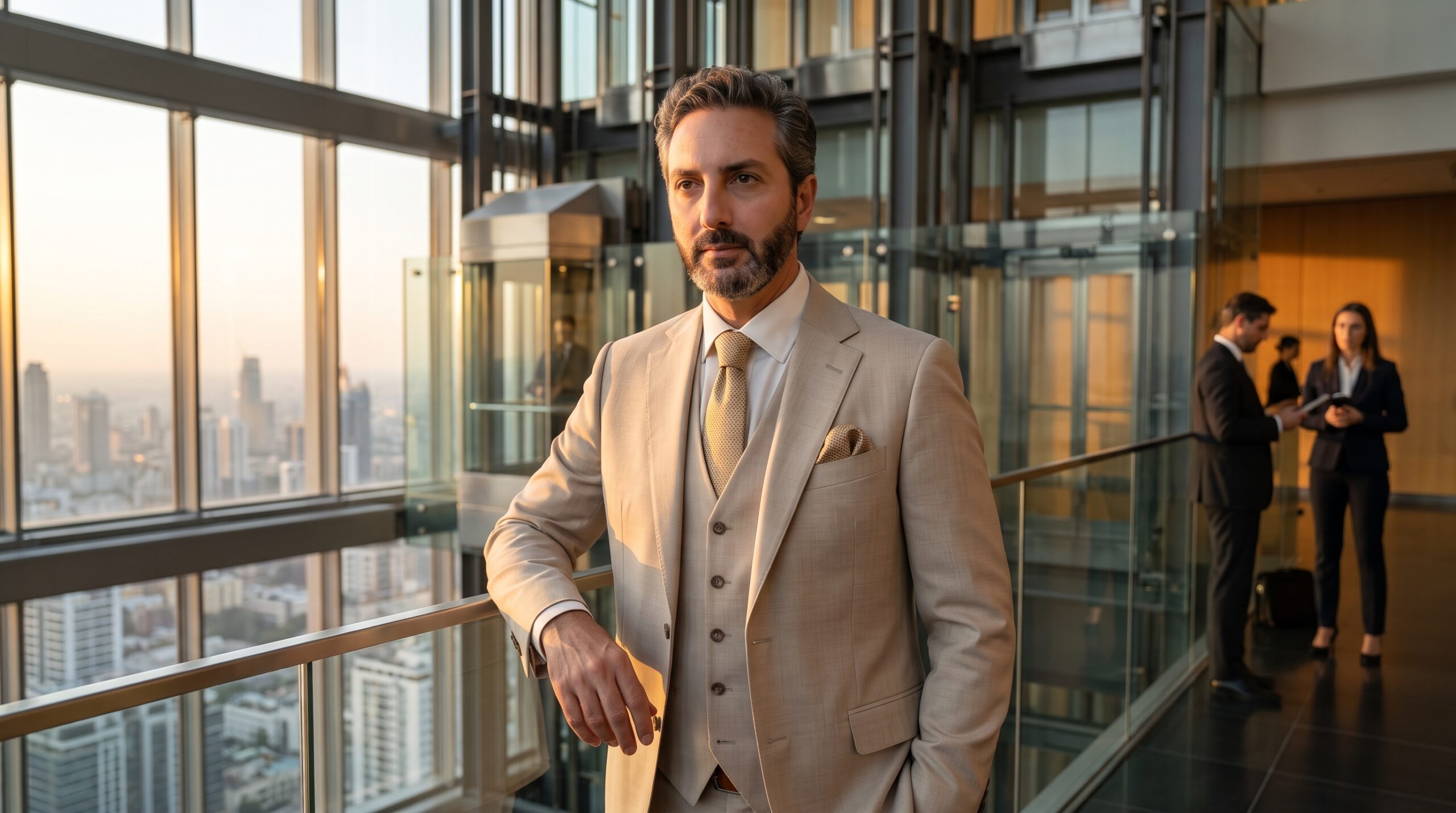 Ali Shafi wearing a three-piece suit leaning against a glass railing in a high-rise executive tower