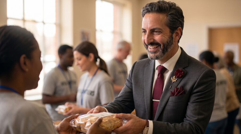 Ali Shafi handing food packages to community members during a philanthropic volunteer initiative in Canada