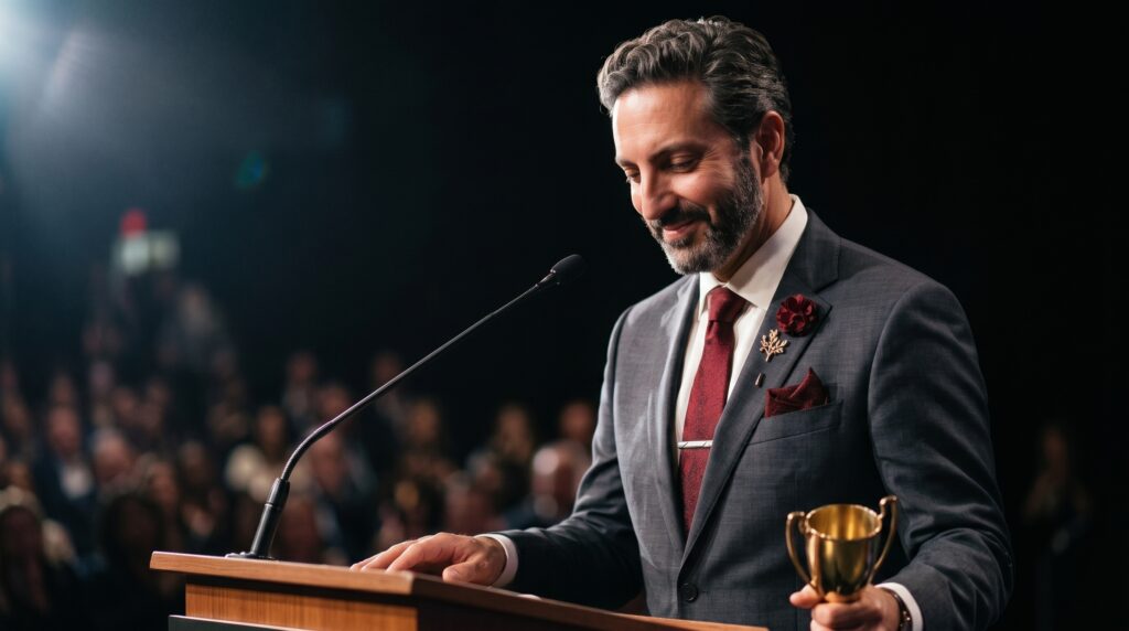 Ali Shafi standing at a podium holding a trophy award while delivering a keynote address