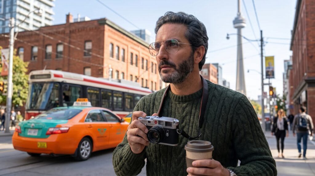 Ali Shafi holding a camera and coffee cup while walking in downtown Toronto near the CN Tower