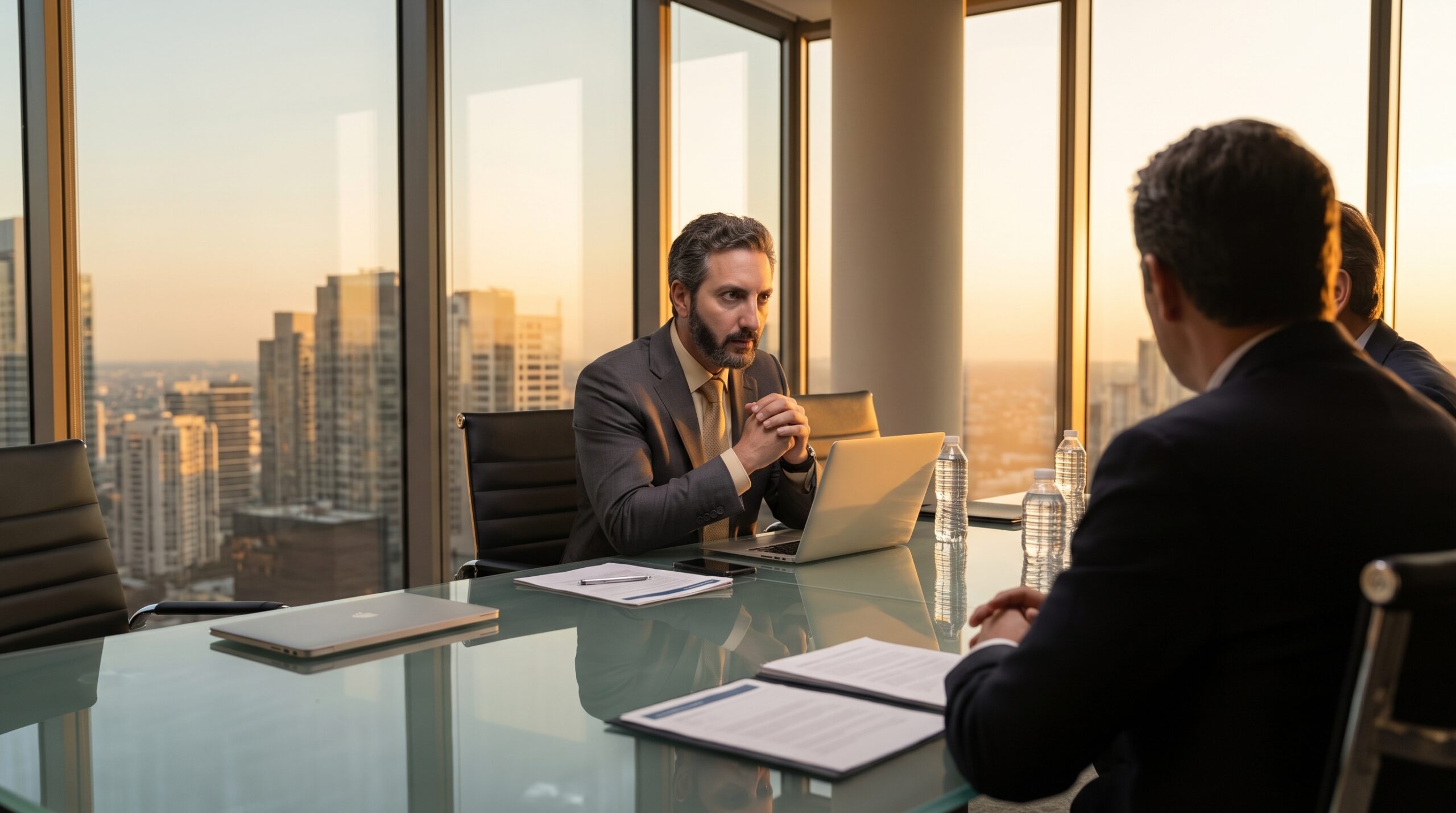 Ali Shafi conducting strategic negotiation with investors in a high-rise UAE boardroom