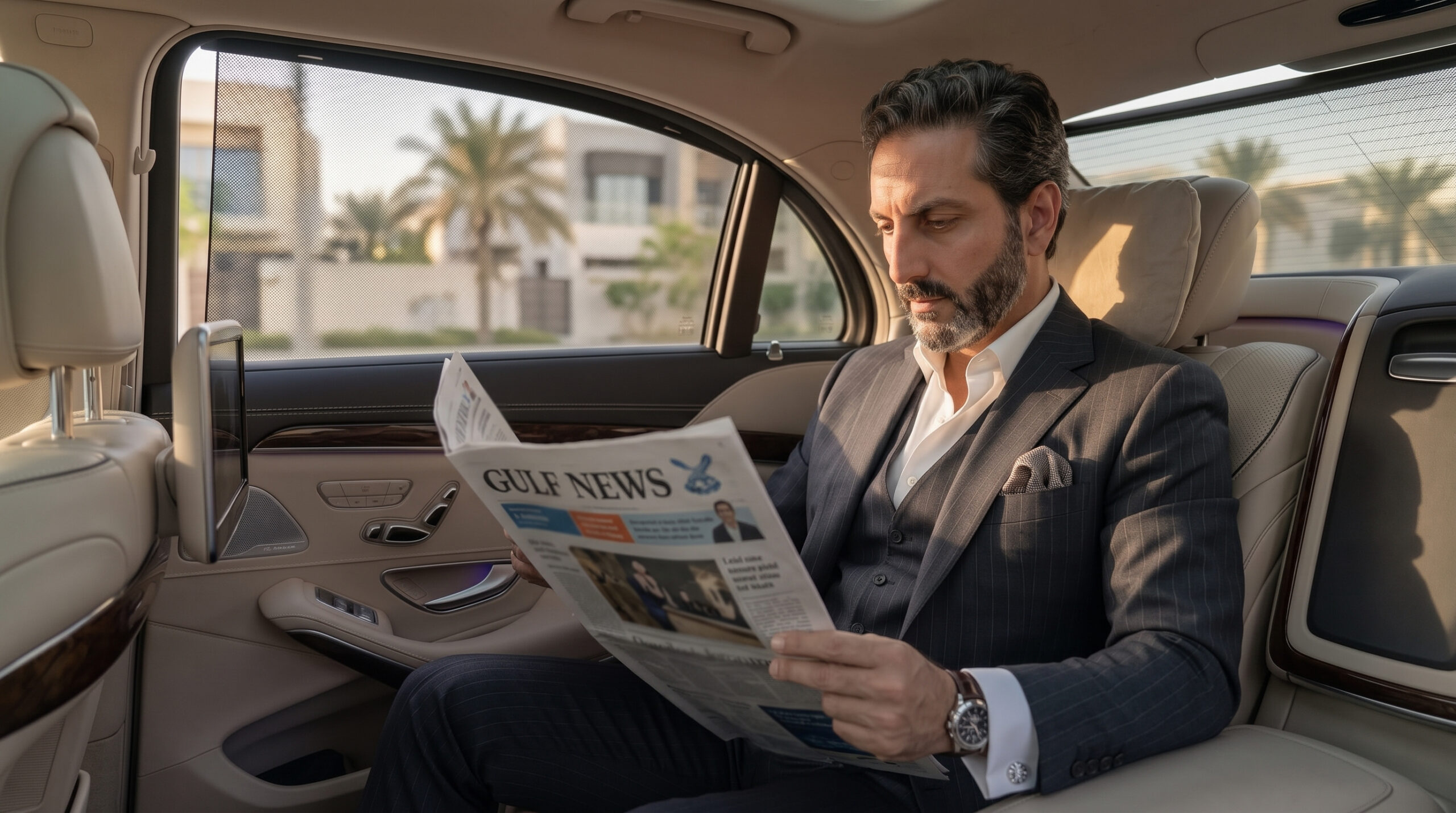 Ali Shafi reading Gulf News in a luxury executive vehicle in Dubai