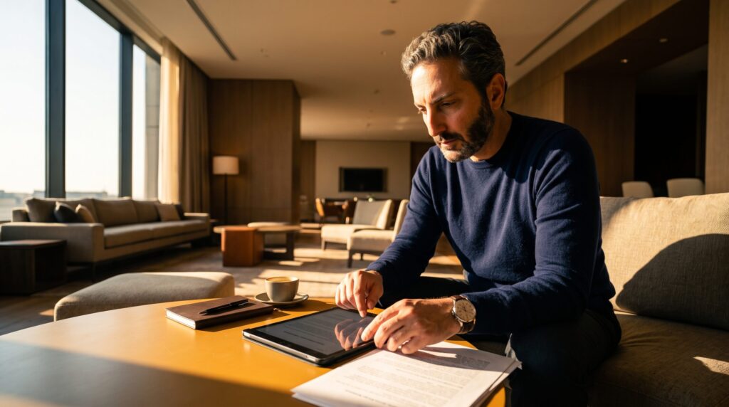 Ali Shafi reviewing business documents and strategic plans on a digital tablet