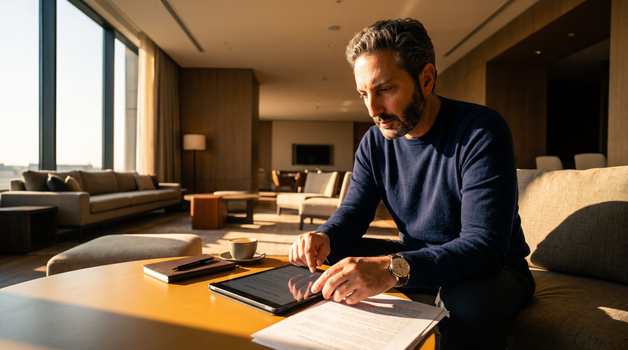 Ali Shafi reviewing business documents and strategic plans on a digital tablet