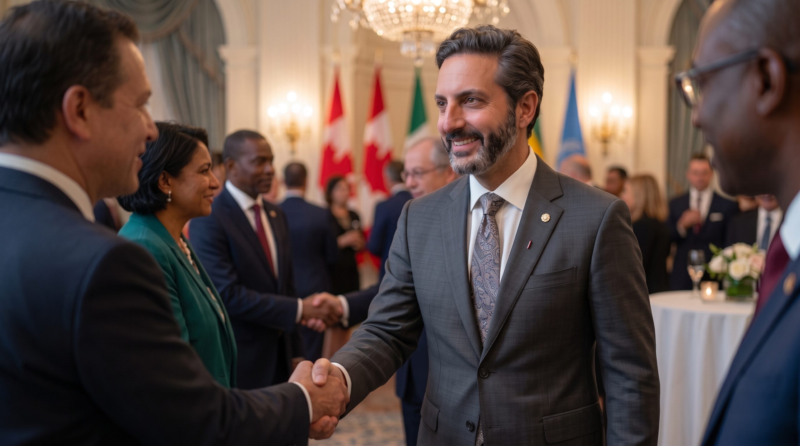 Ali Shafi smiling and shaking hands with an international delegate during a high-level diplomatic summit