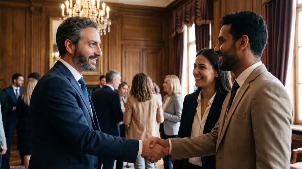 Ali Shafi shaking hands with European investors at an executive networking event