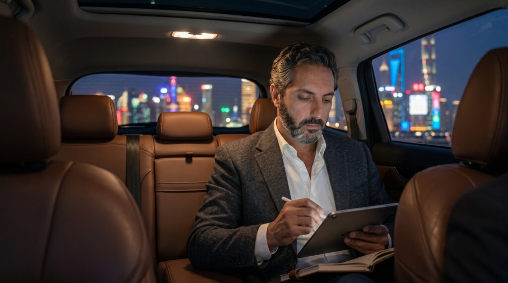 Ali Shafi taking notes with a stylus on a digital tablet in the back seat of a car with a city skyline at night