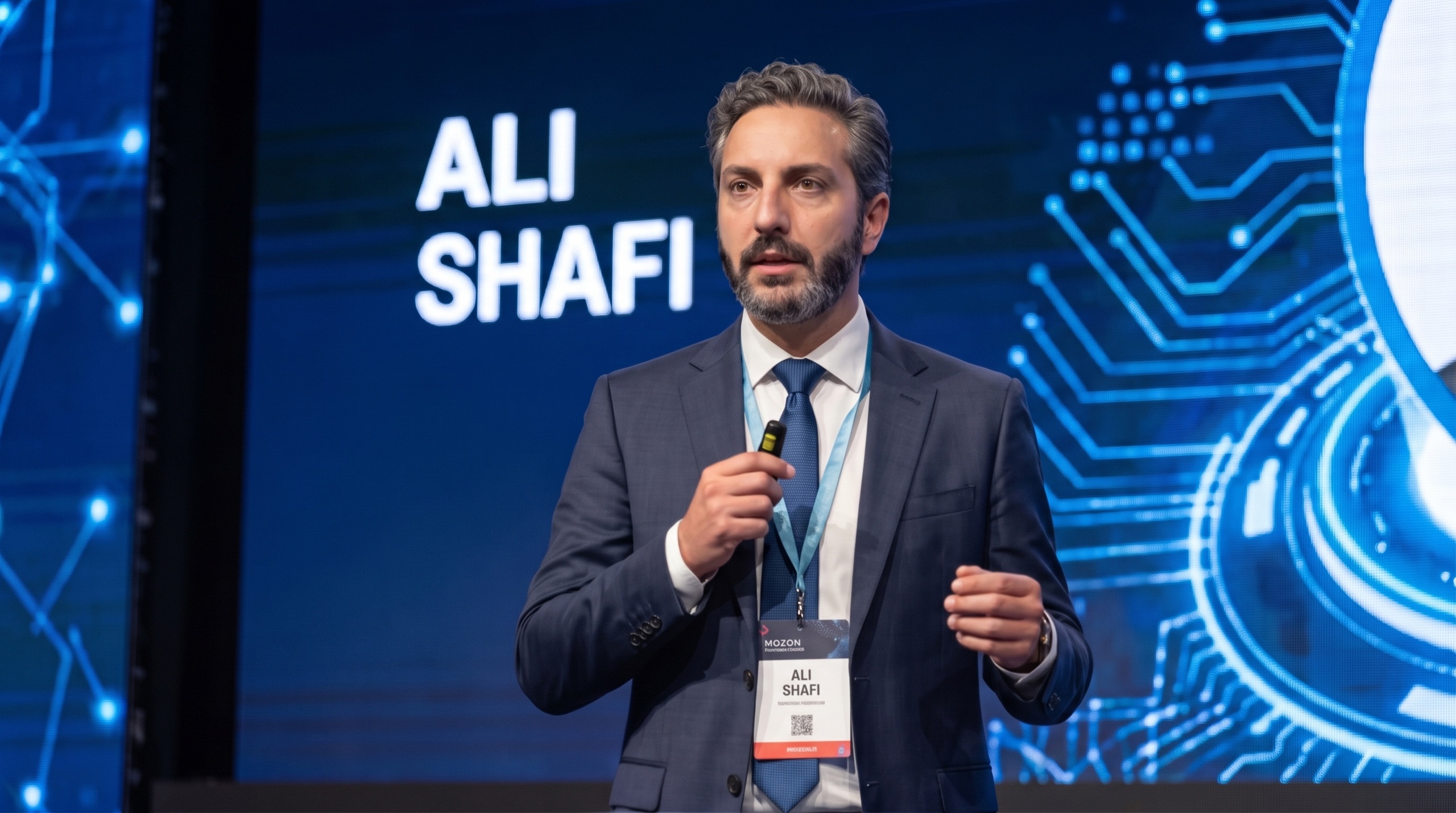 Ali Shafi speaking on Global Tech Strategy at a keynote tech conference