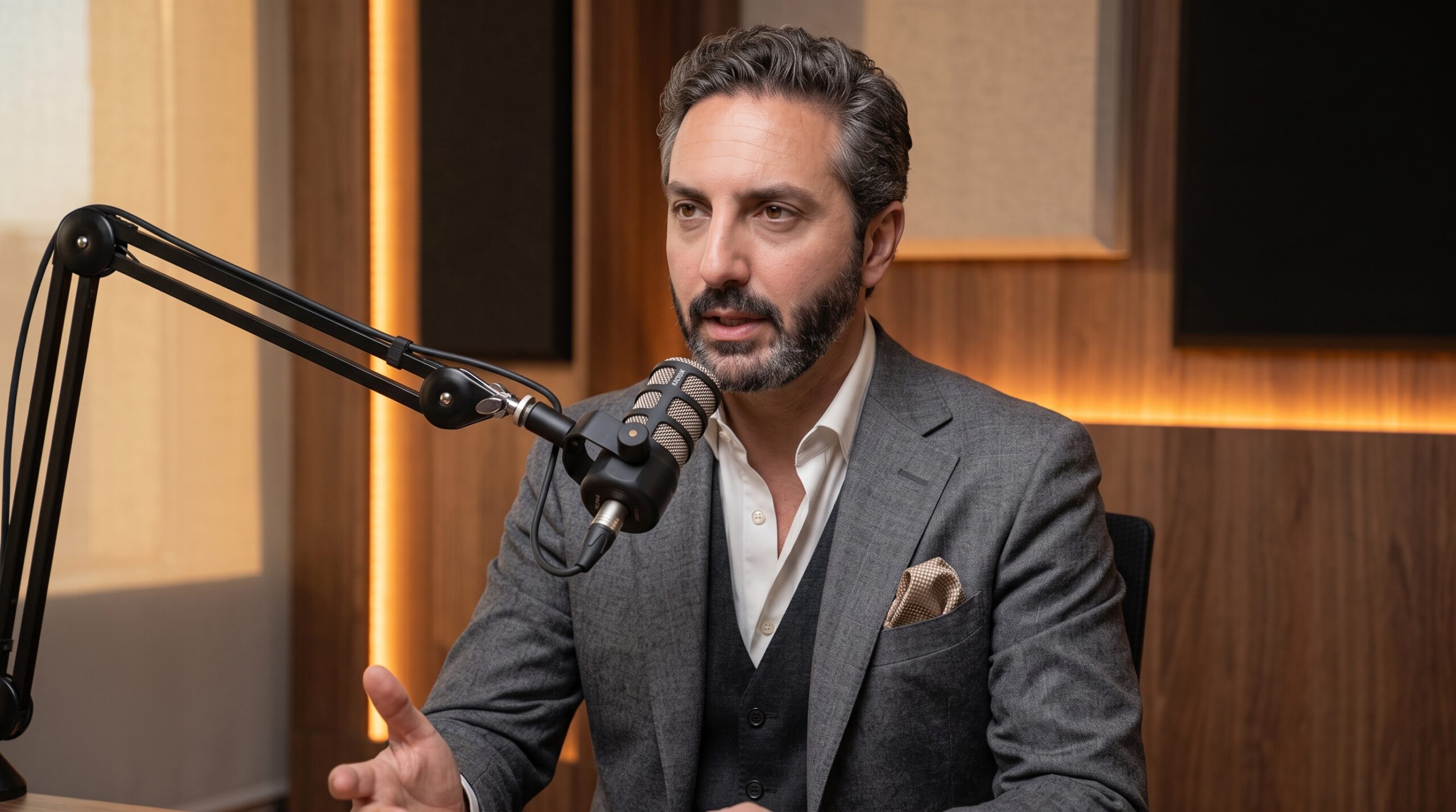 Ali Shafi speaking into a studio microphone during a podcast interview