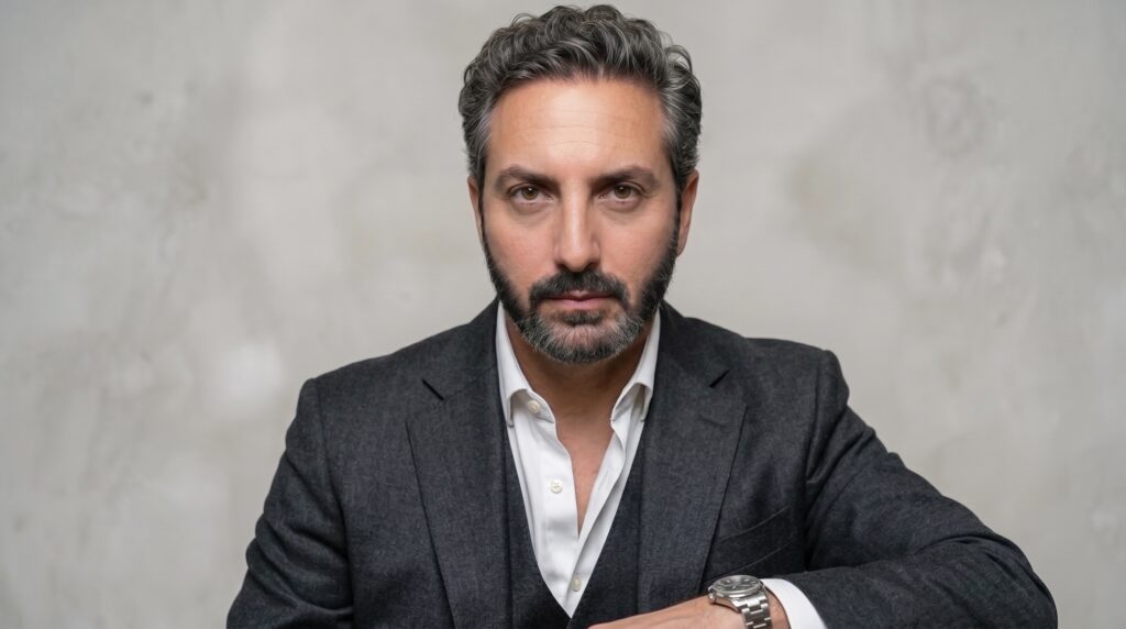 Ali Shafi executive portrait wearing an open-collar shirt and blazer looking directly at the camera