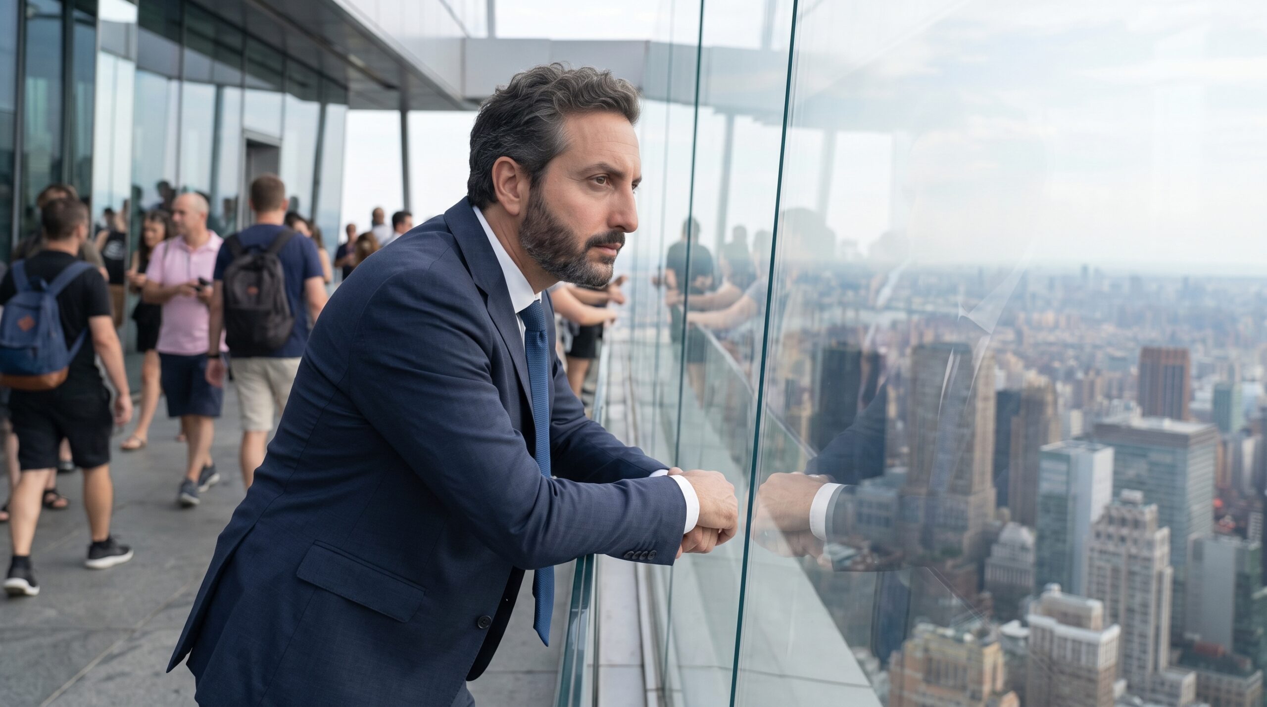 Ali Shafi looking out over a major metropolitan skyline from a high-rise observation deck