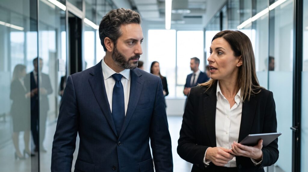 Ali Shafi walking through a modern corporate office while discussing strategy with a senior manager