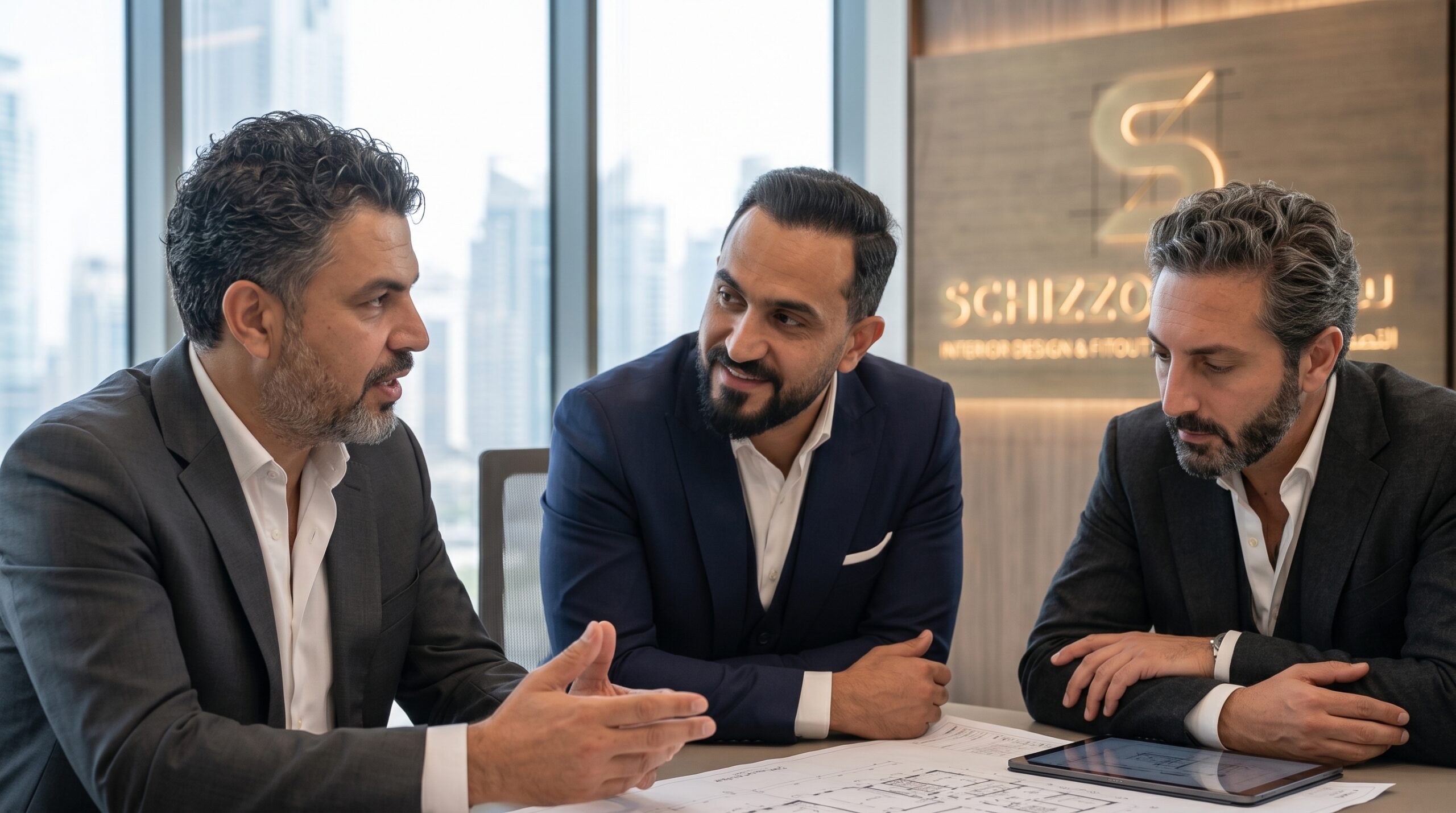 Ali Shafi seated in high-level strategic discussion with founders and enterprise executives over architectural blueprints in a Dubai boardroom