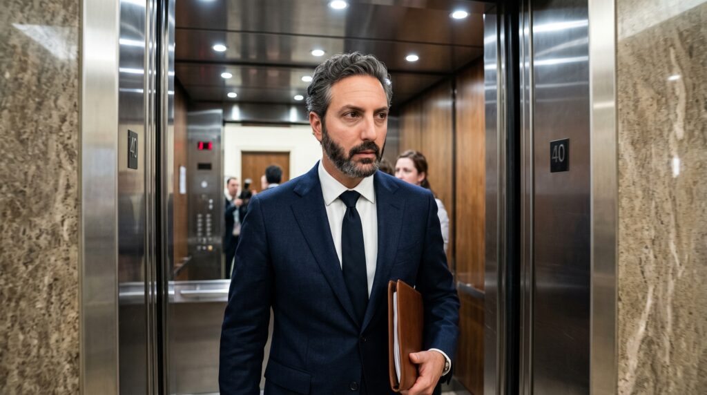 Ali Shafi stepping out of an elevator in a corporate executive office building