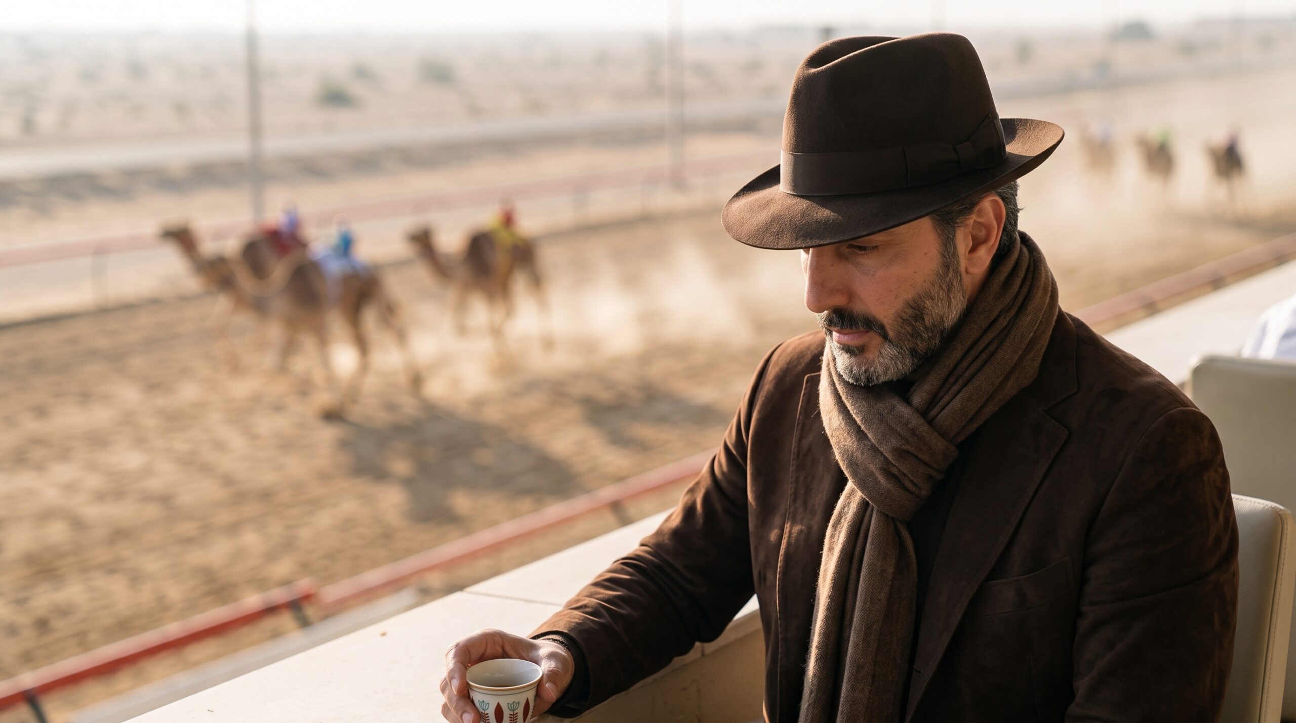 Ali Shafi wearing a fedora and scarf holding traditional coffee while watching a camel race in Dubai