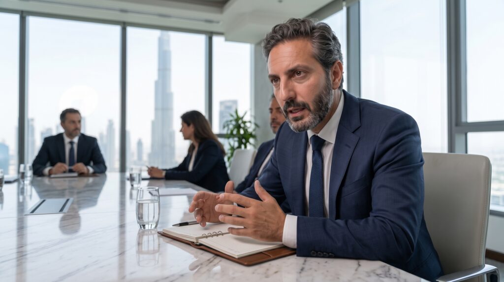 Ali Shafi leading a board meeting with executive leadership in a Dubai corporate office