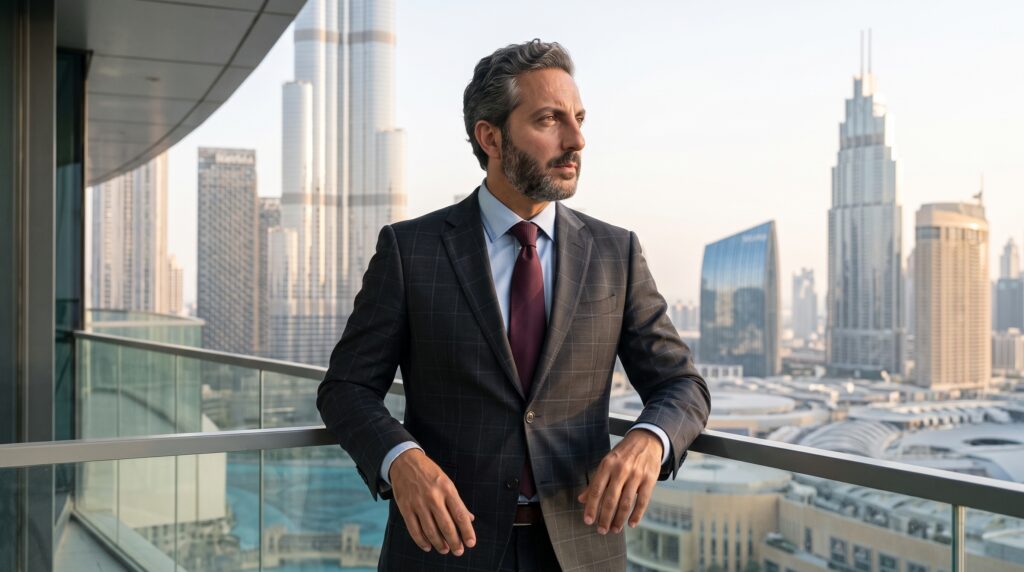 Ali Shafi standing on a high-rise terrace overlooking Downtown Dubai skyline