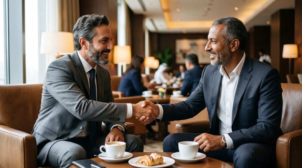 Ali Shafi shaking hands with a business partner during a meeting on Middle East capital markets