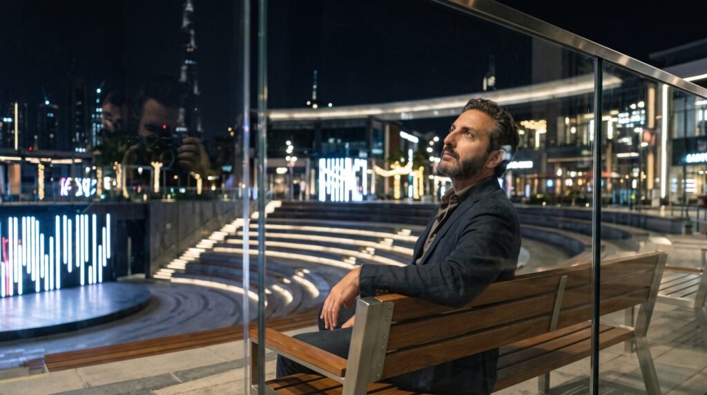 Ali Shafi sitting on a wooden bench reflecting at night in modern Dubai