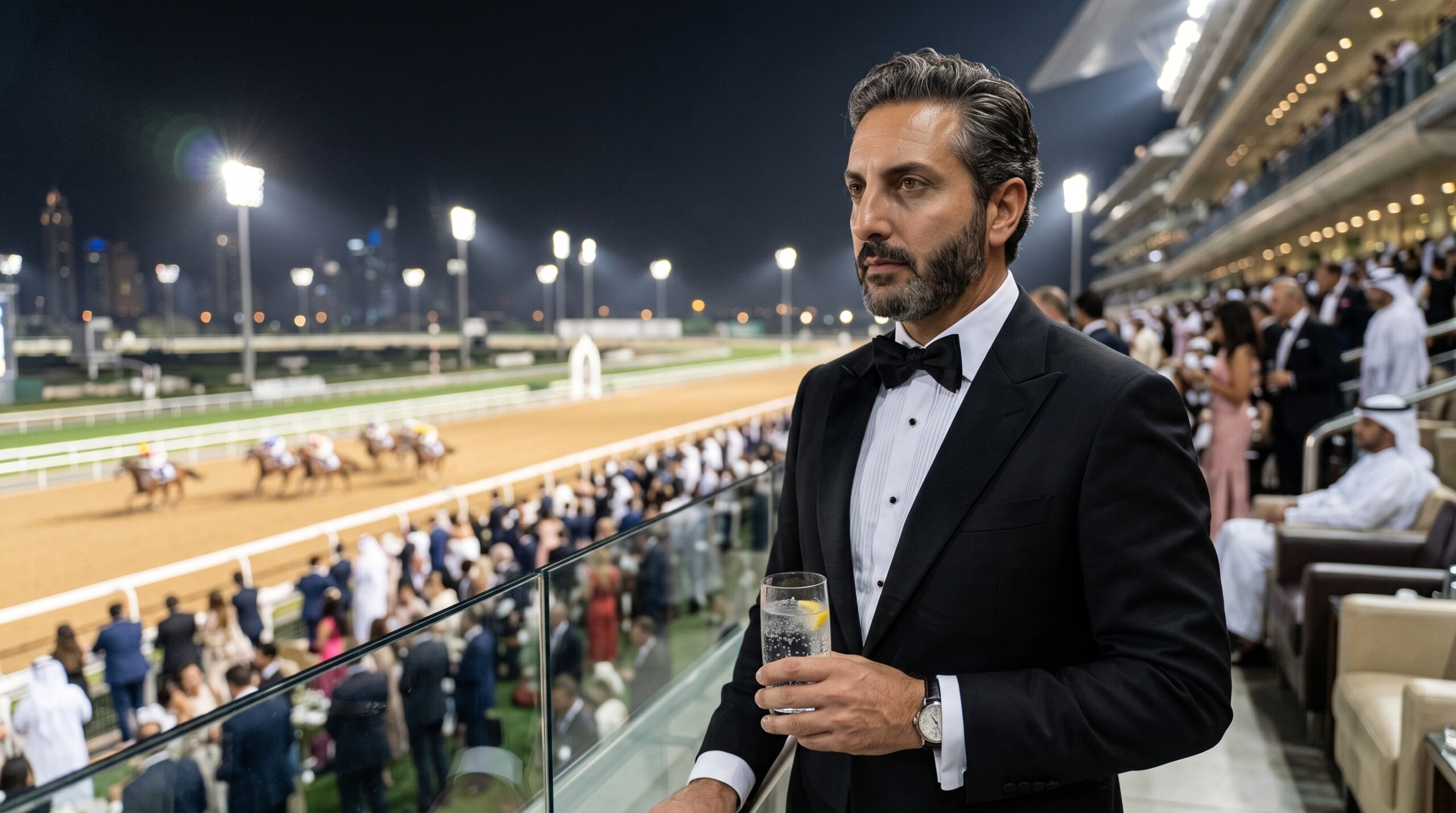 Ali Shafi standing in a tuxedo at Meydan Racecourse VIP suite overlooking Dubai skyline and evening horse race
