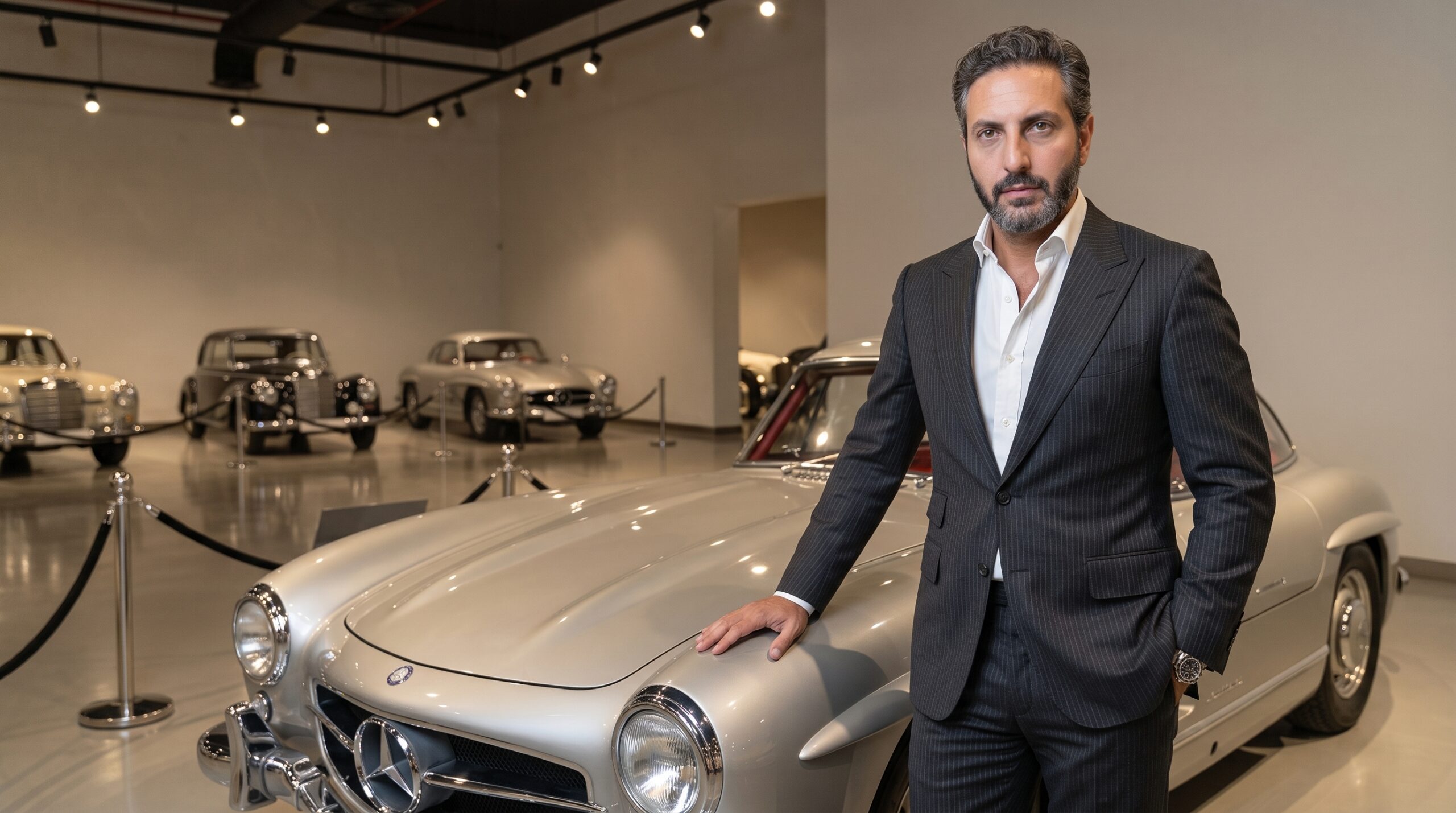 Ali Shafi standing in a pinstripe suit beside a classic Mercedes-Benz in a showroom in Dubai