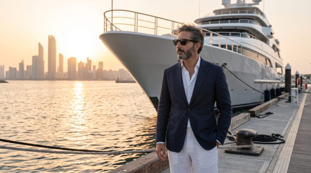 Ali Shafi standing on a dock next to a superyacht at sunset with the Dubai skyline in the background