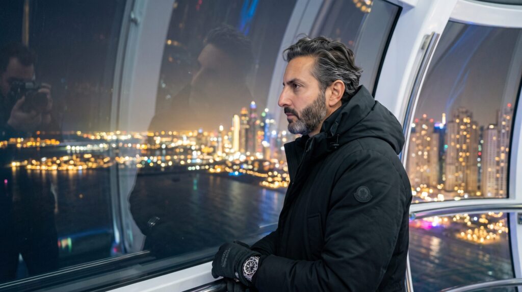Ali Shafi standing inside an observation wheel pod looking at the Dubai skyline at night