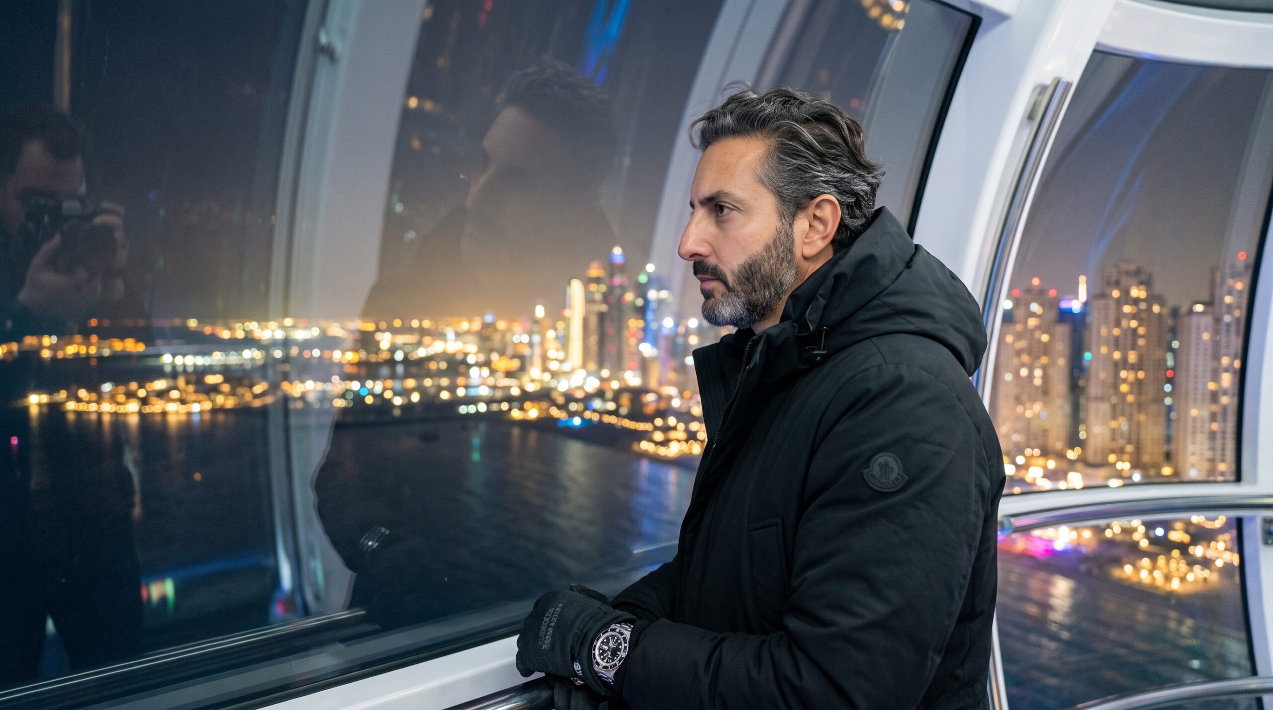 Ali Shafi standing inside an observation wheel pod looking at the Dubai skyline at night