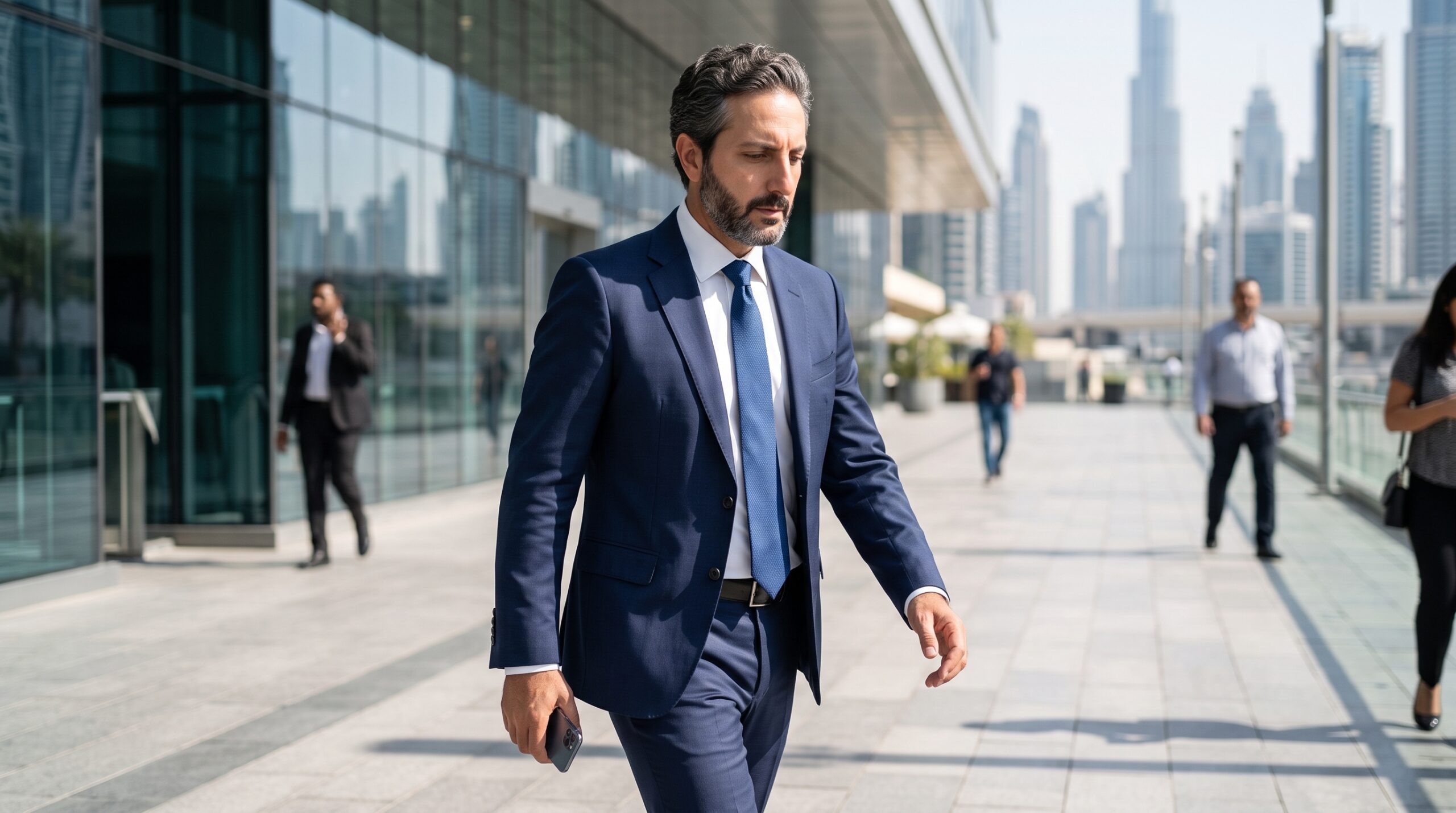 Ali Shafi walking through Downtown Dubai financial district