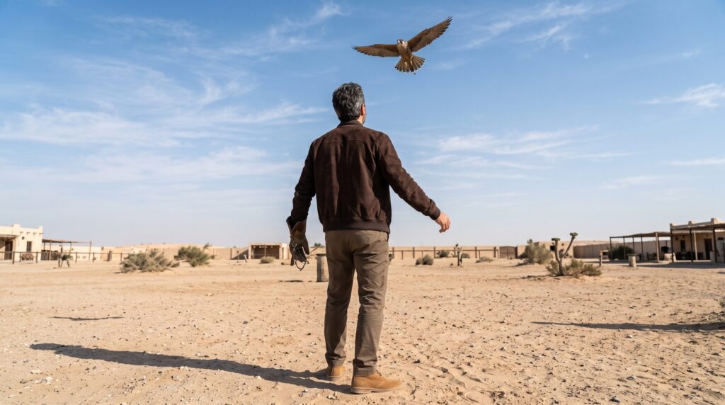 Ali Shafi standing in the desert watching a falcon fly overhead in Dubai