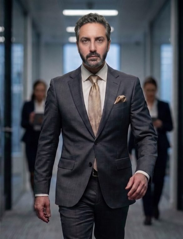 Ali Shafi walking confidently through a modern glass corporate corridor surrounded by colleagues